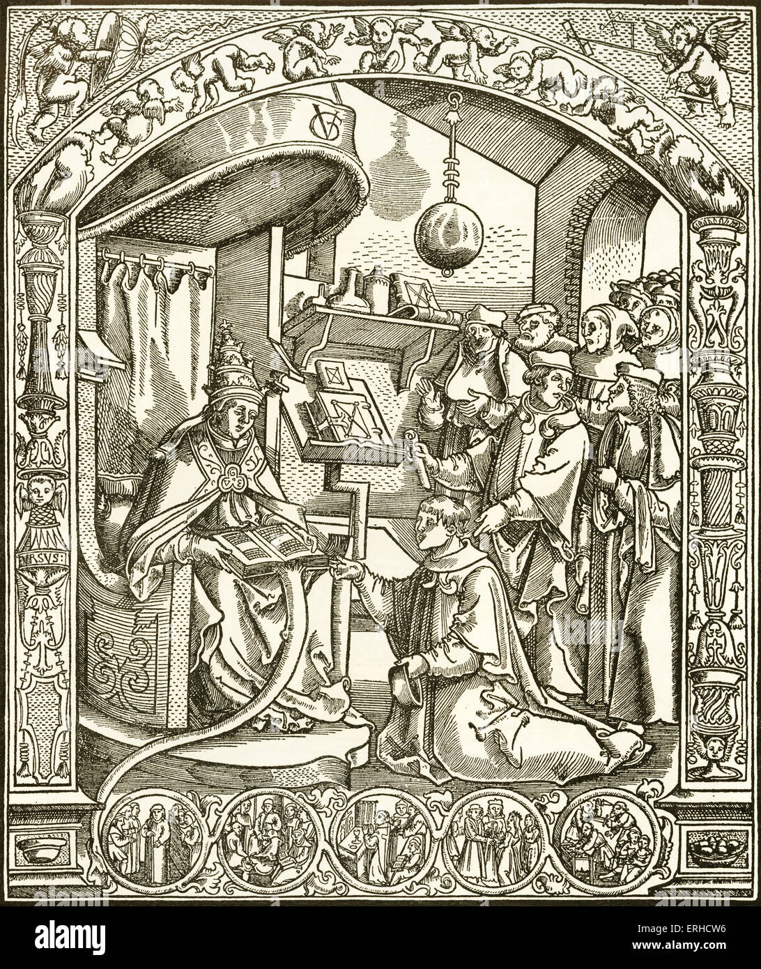 The Pope, title-page woodcut by Urs Graf, 1511. The Pope sits on a throne, giving audience to a delegation of lawyers and monks Stock Photo