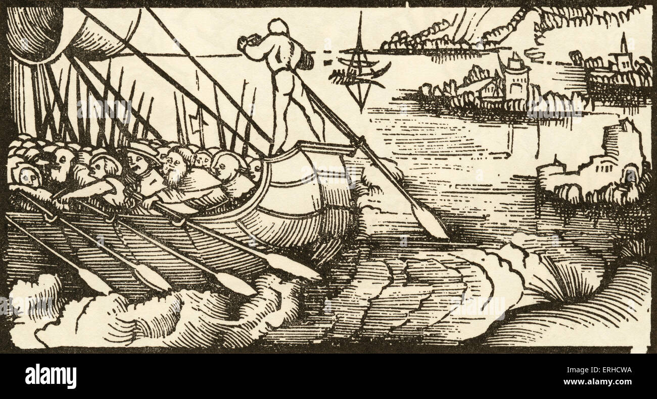Soldiers aboard a sailing ship, woodcut by Urs Graf, 1521, from two Tales of Chivalry. Boat containing rowing soldiers with oars to left, with one man on the stern with an oar. In the distance, islands and another ship. Stock Photo