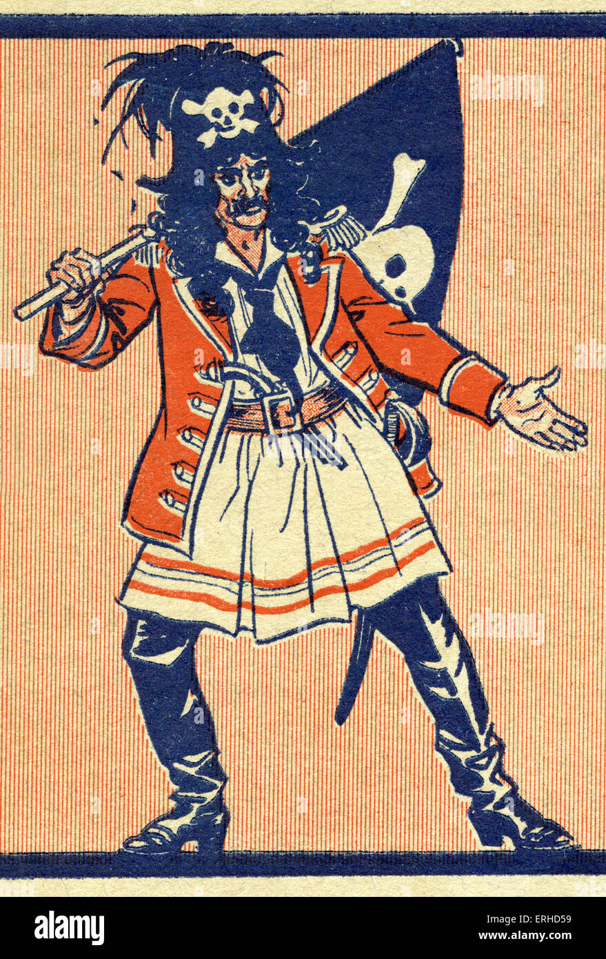 Pirate with skull and crossbones on his hat and waving the Jolly Roger flag, also with skull and crossbones.  (illustration for Stock Photo