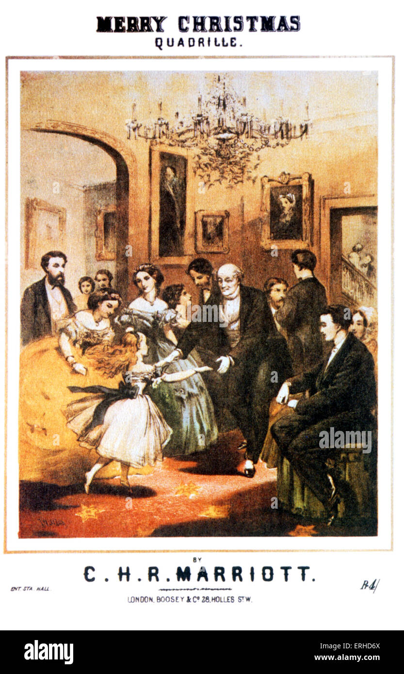 Xmas. score cover.  Merry Christmas quadrille.  (Victorian Xmas party with family) by CHR Marriott. Festival Stock Photo