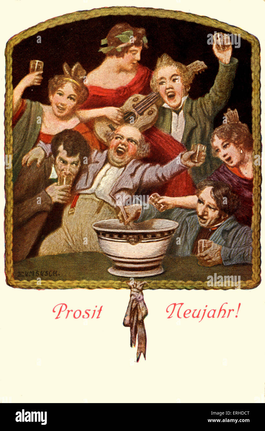 New Year celebrations by Prof. L. von Zumbusch entitled 'Sylvester bowle'. People singing and drinking wine, woman playing Stock Photo