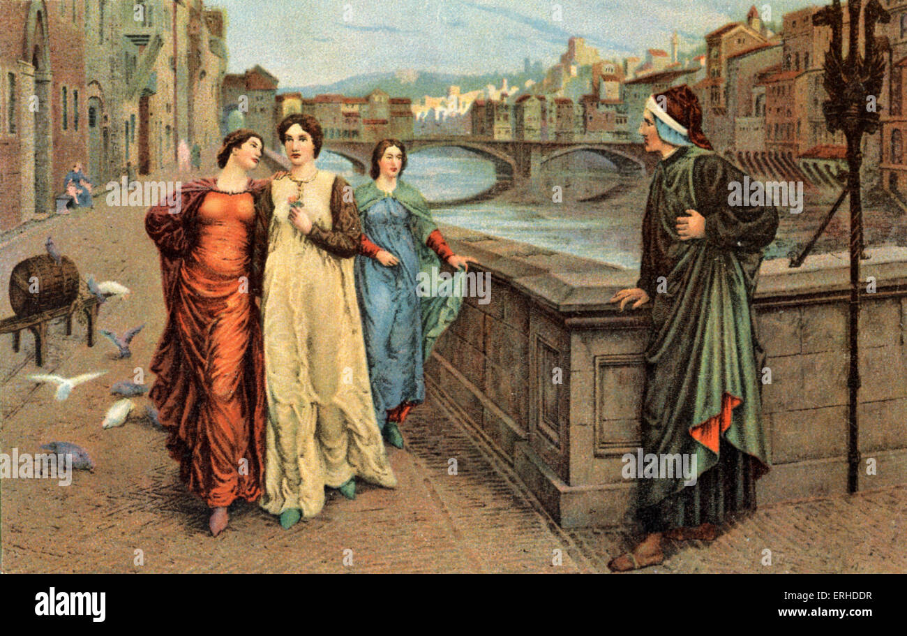 Dante Alighieri and Beatrice in Florence. 20th century illustration.   Italian poet, 1265-1321. Stock Photo