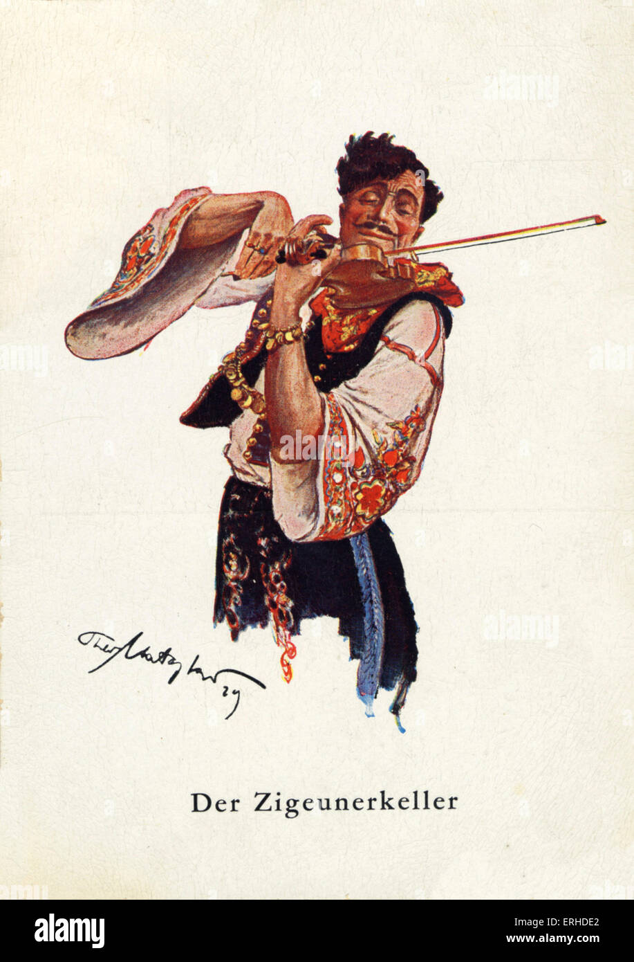 Illustration of male gypsy playing the violin in traditional costume. Stock Photo