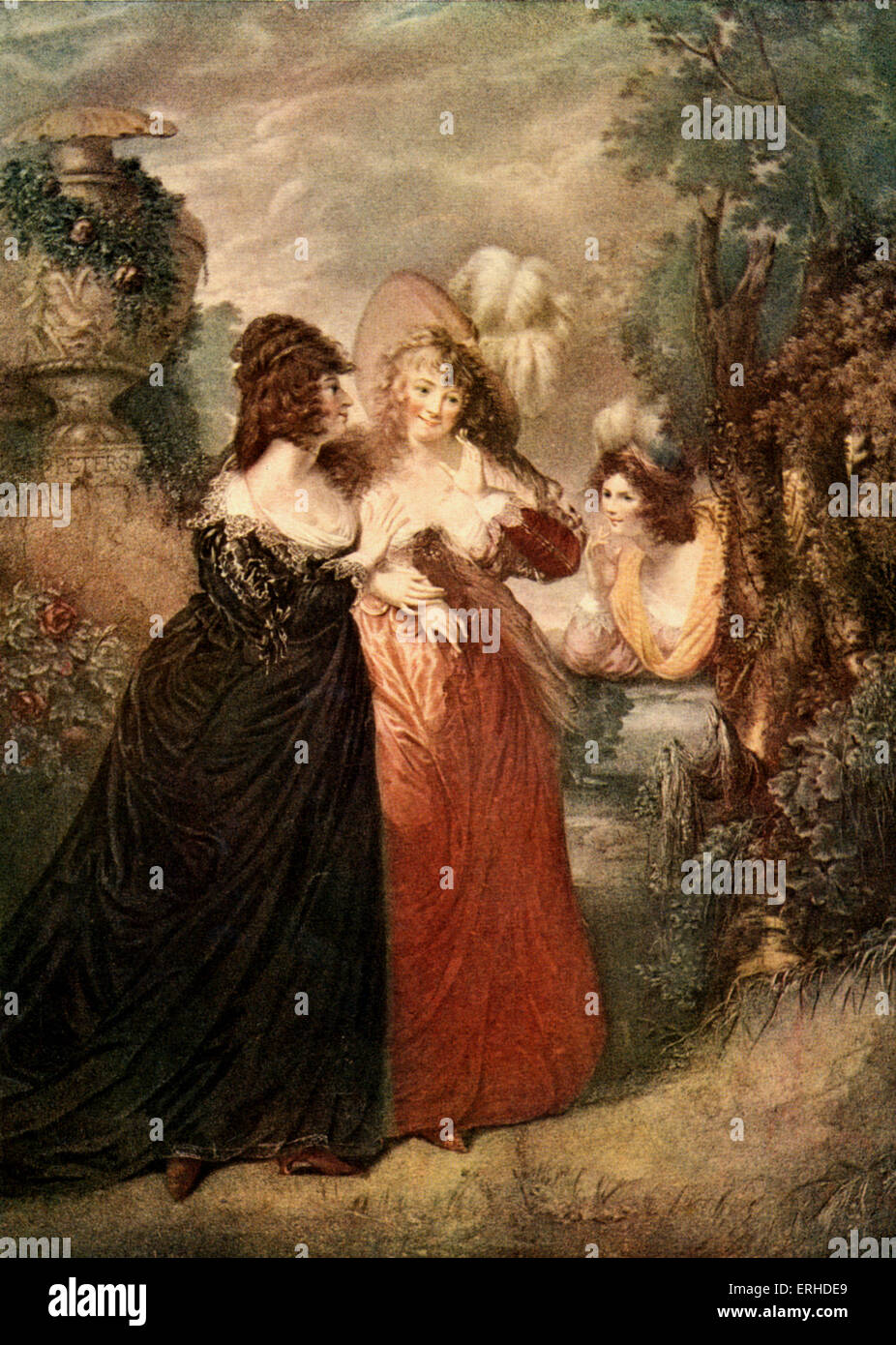 Shakespeare's comedy 'Much Ado About Nothing'. Scene with Hero, Ursula and Beatrice. From a colour print by Rev. Matthew W. Stock Photo