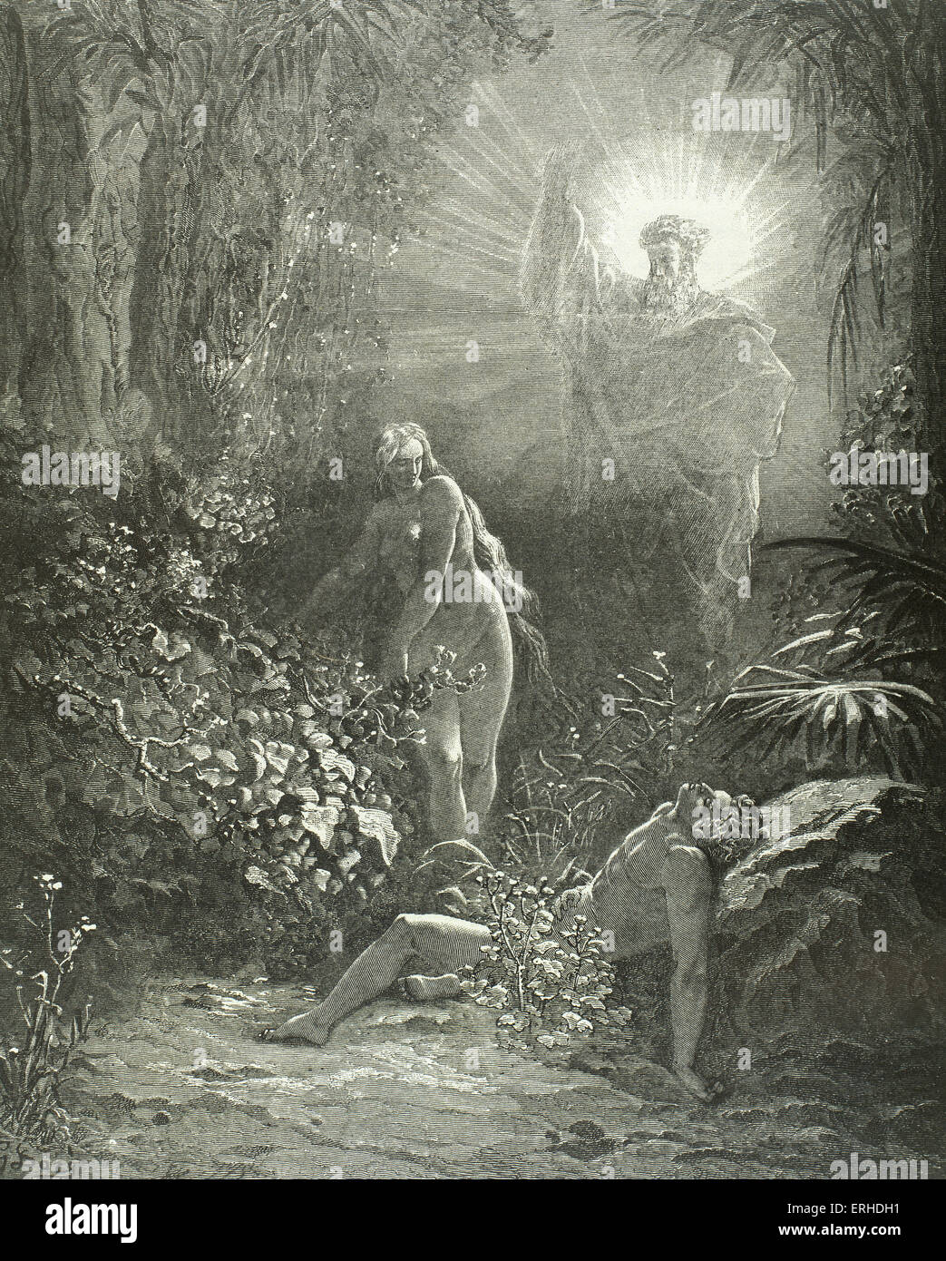 Old Testament. Original sin. Adam and Eve disobeying God. Banishes from the Garden of Eden. Book of Genesis. Engraving by Gustave Dore (1832-1883). Stock Photo