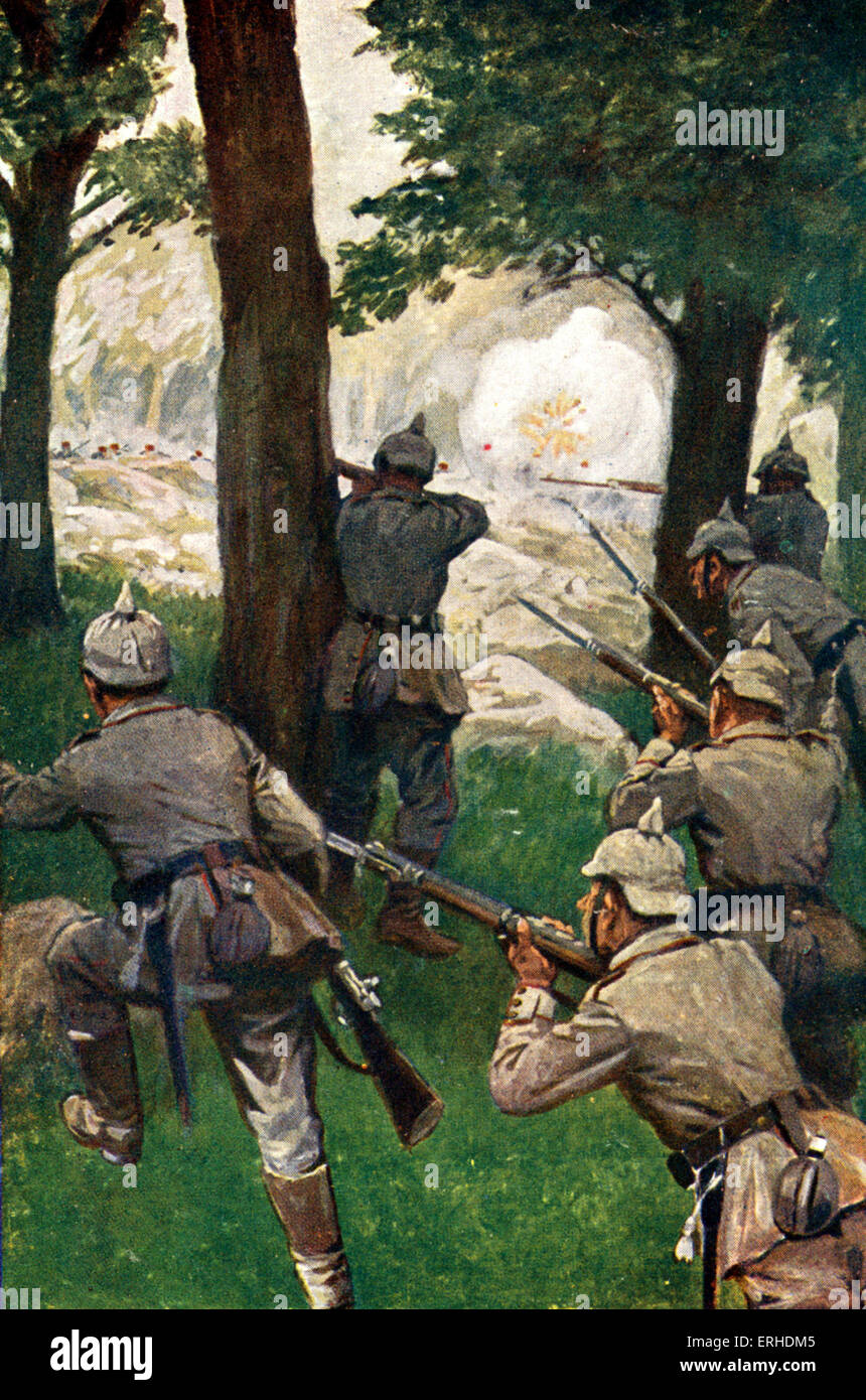 World War I  German soldiers attacking with rifles, shooting from behind trees. Title - Im Argonnenwald. Postcard, published Stock Photo