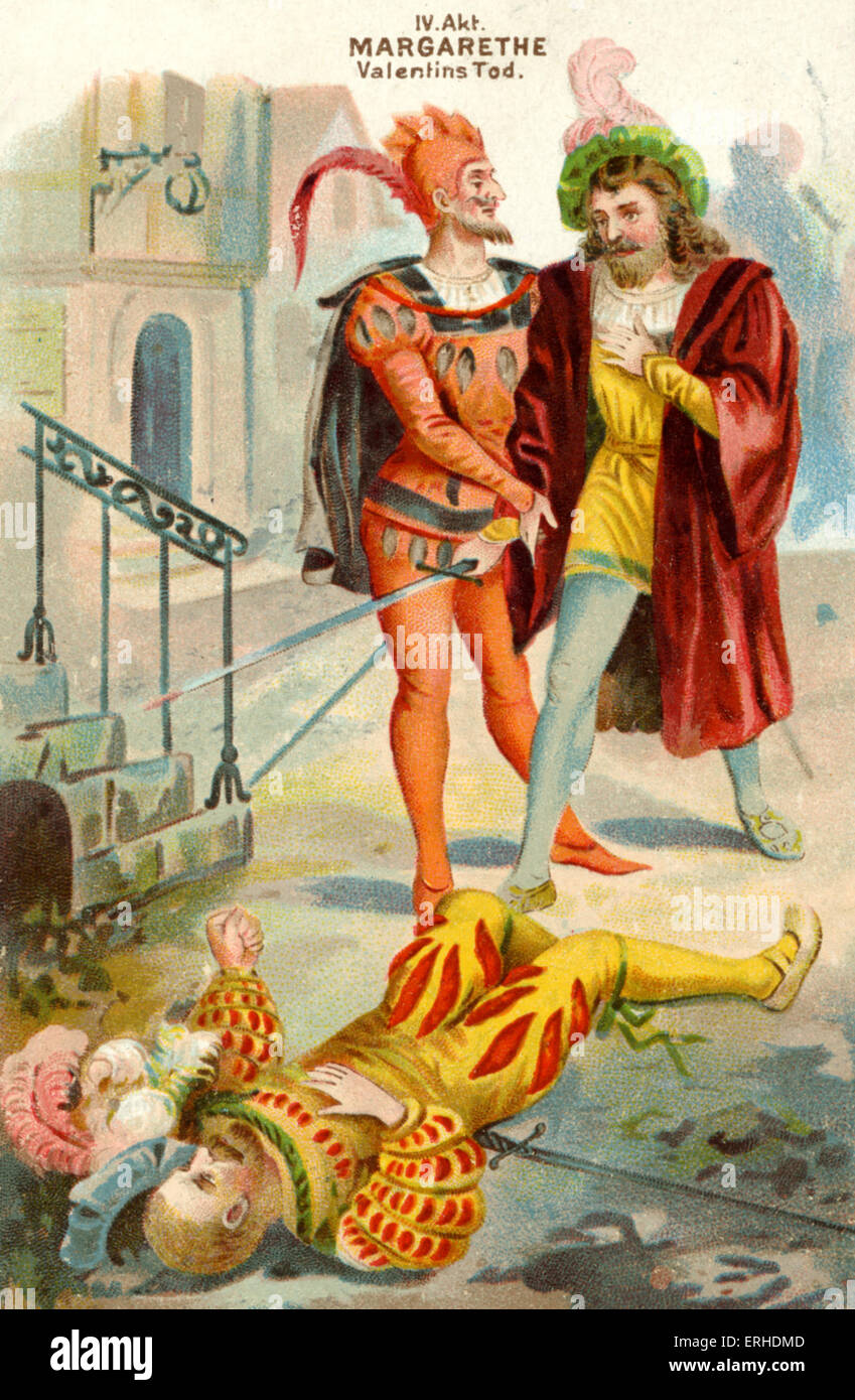 Goethe Faust. Scene from act IV, Valentin's death. Faust and Mephistopheles. Illustration on early 20th century postcard. Stock Photo