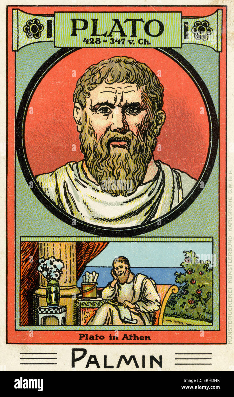 Plato - illustrated portrait. Greek philosopher, 428 - 347 AD. Scene representing him reading scroll in Athens. Palmin Stock Photo