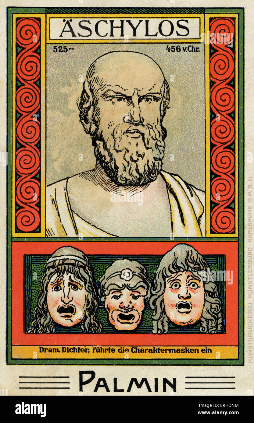Aeschylus - illustrated portrait. Scene showing masks of his characters in plays. Greek philosopher, playwright and dramatist. 525 - 456 AD. Palmin collection card. Stock Photo