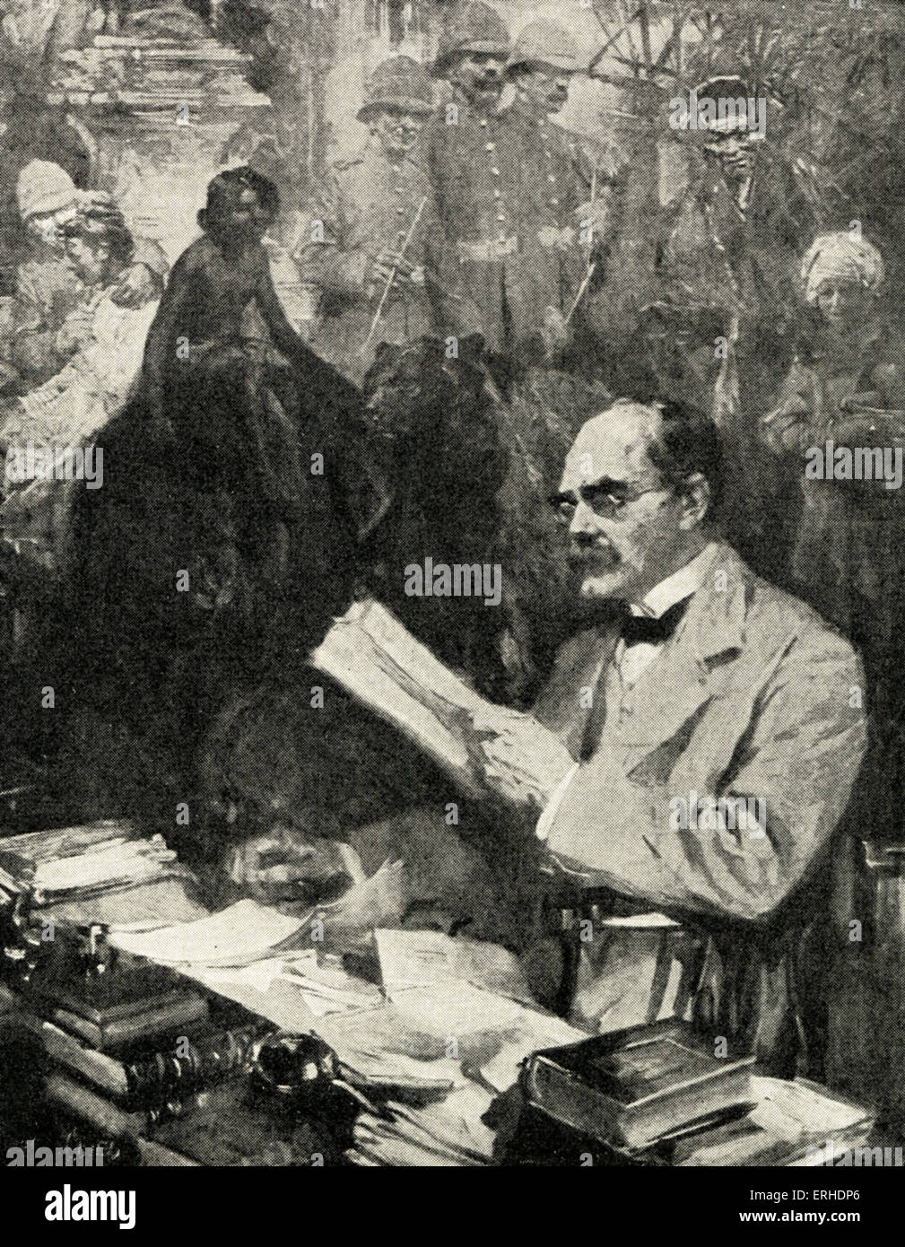 Rudyard Kipling - portrait with glasses, reading a manuscript, surrounded by his creations (Mowgli, Baloo the bear, Bagheera the panther, etc) after a drawing by Cyrus Cuneo. English poet and novelist. 30 December 1865 (in Mumbai ) - January 1936. Stock Photo