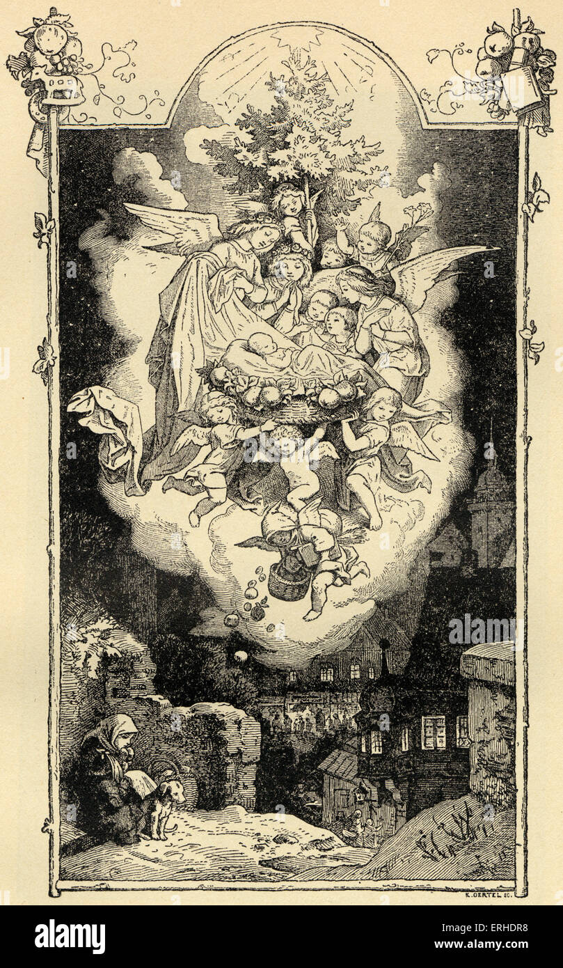 Christmas / Xmas illustration with Biblical references: homeless child and her dog on Christmas eve, with holy vision of angels, Jesus Christ, star of Bethlehem. 19th century woodcut by K. Oertel. Stock Photo