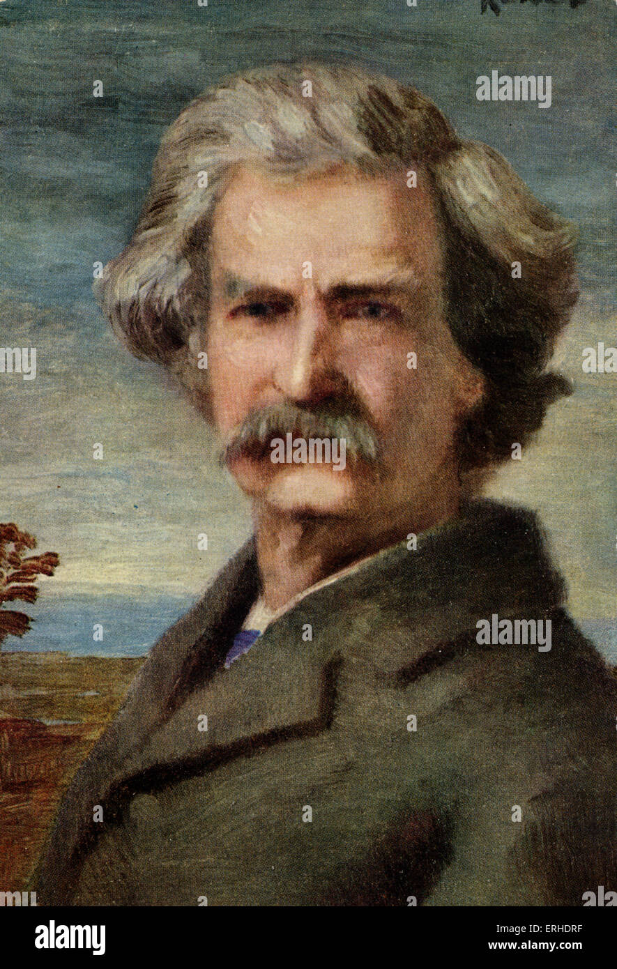 Mark Twain - portrait.  American writer, satirist and novelist. 1835 - 1910. Coloured version of postcard Stock Photo