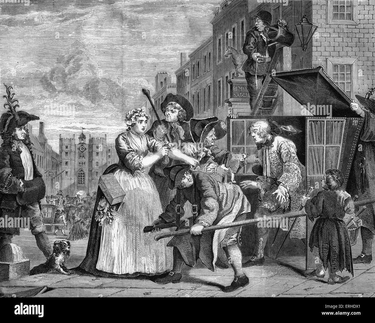 The Rake's Progress  - Arrested for Debt  - (1735) engraving by William Hogarth, English painter and artist November 10, 1697 Stock Photo