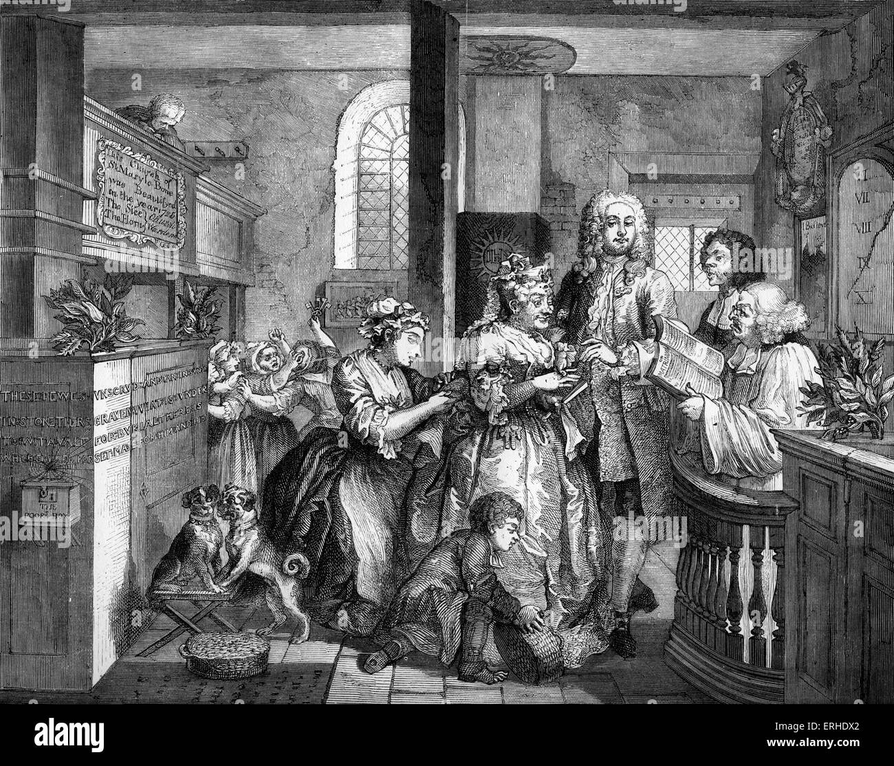 The Rake's Progress - The Wedding - (1735) engraving by William Hogarth, English painter and artist November 10, 1697 -October 26, 1764. Printed by D Koch. A series of engravings depicting Tom Rakewell's life and his descent into madness. Tom marries a rich lady. Stravinsky connection. Stock Photo