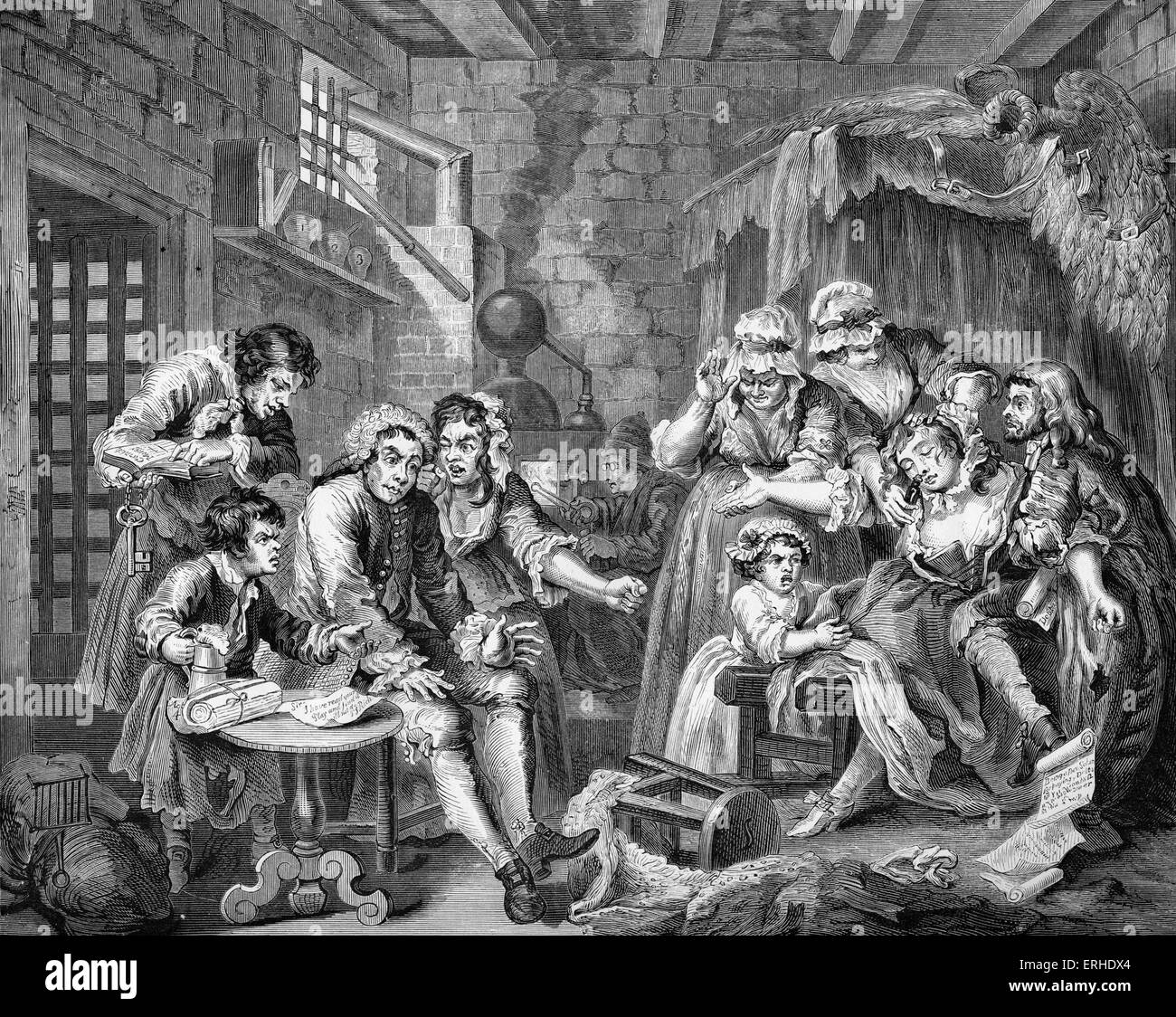 The Rake's Progress  - In Prison - (1735) engraving by William Hogarth, English painter and artist November 10, 1697 -October Stock Photo