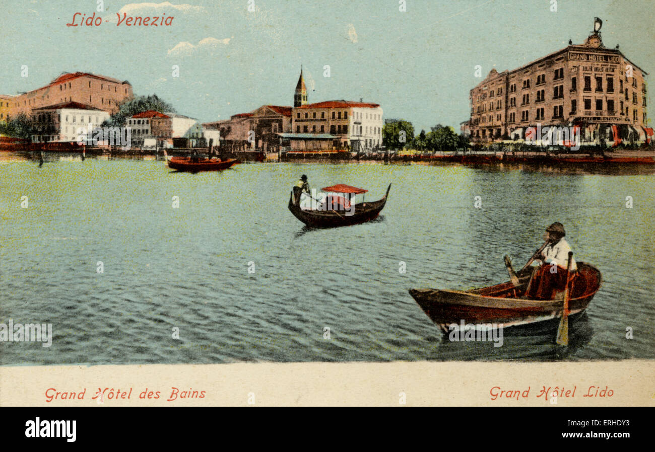 Venice  Lido, Grand Hotel Lido, Gondola, water Postcard Garbisa, Venice Stock Photo