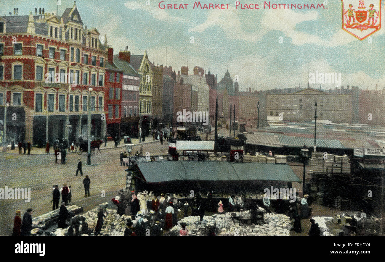 Nottingham, Great Market Place market scene with lace stalls, DH Lawrence connection Fleeman, Broad Marsh Series Stock Photo