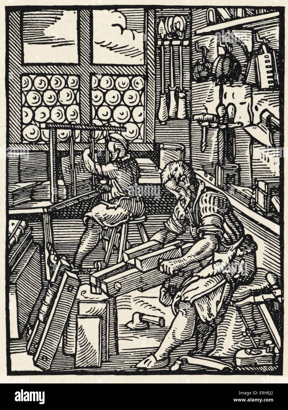 Bookbinding in the 15th century - illustration from 'Stunde und Handwerker' by Jobst Amman. Book production. Craft. Workshop. Stock Photo