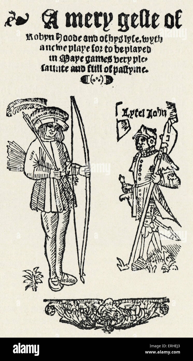 Robin Hood portrait, English folk hero, title page of 'A Mery Geste of Robyn Hoode' 1550, printed by Copland Stock Photo