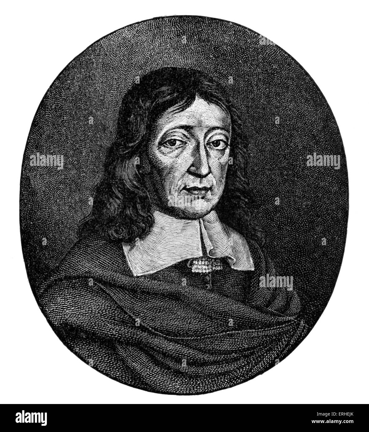 John Milton - portrait of English poet aged 62, engraved by Faithorne from original at Bayfordbury.  9th December 1608 - 8th Stock Photo