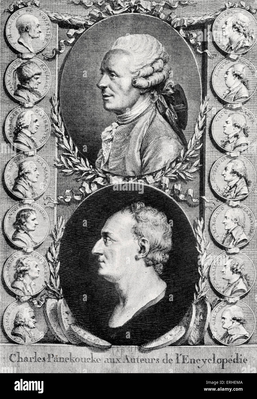 Authors of Diderot's Encylopedia grouped around Alembert and Diderot. Voltaire, Rousseau, Daubenton, Lamarck, Monge, Condorcet, Stock Photo