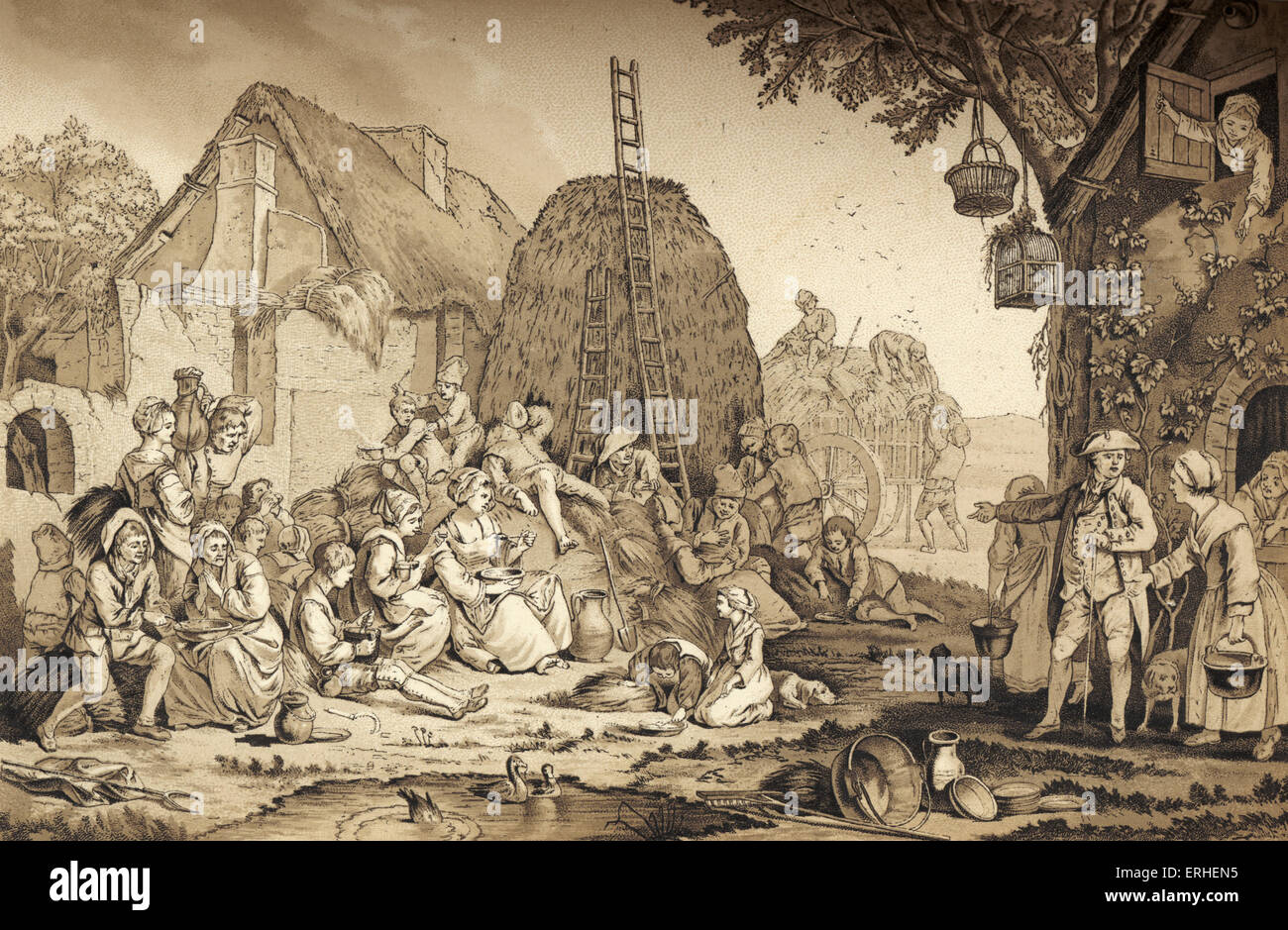 Haymakers having their lunch, 18th century. French pastoral peasants