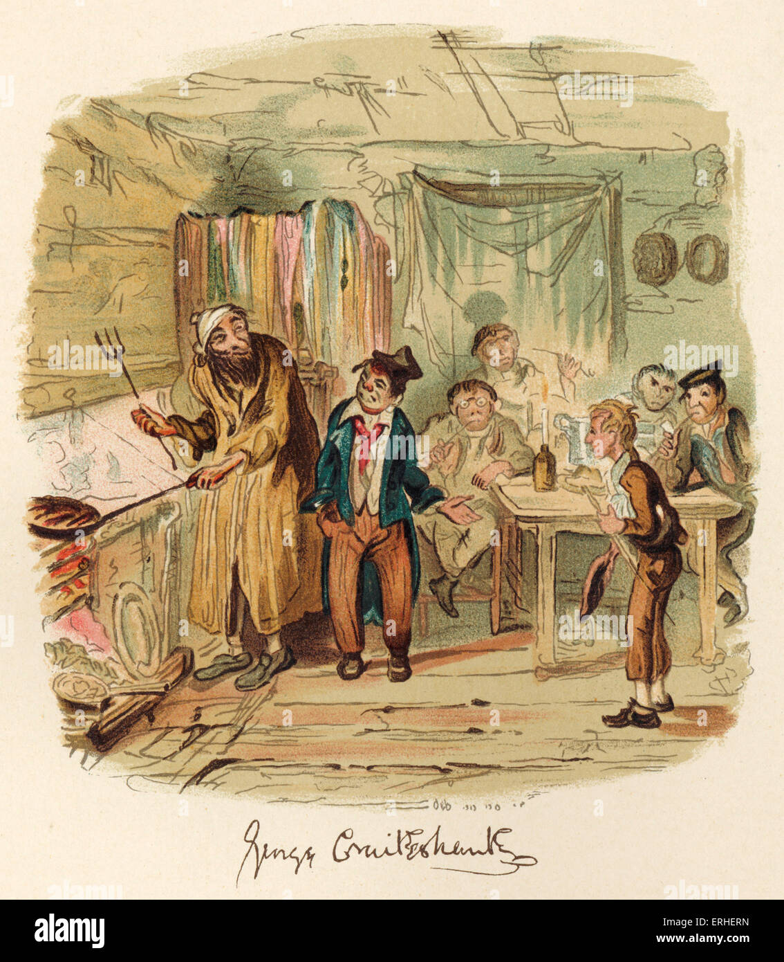 Charles Dickens' book 'Oliver Twist' illustration by George Cruikshank of Oliver  Twist with Fagin and his boys. English Stock Photo - Alamy