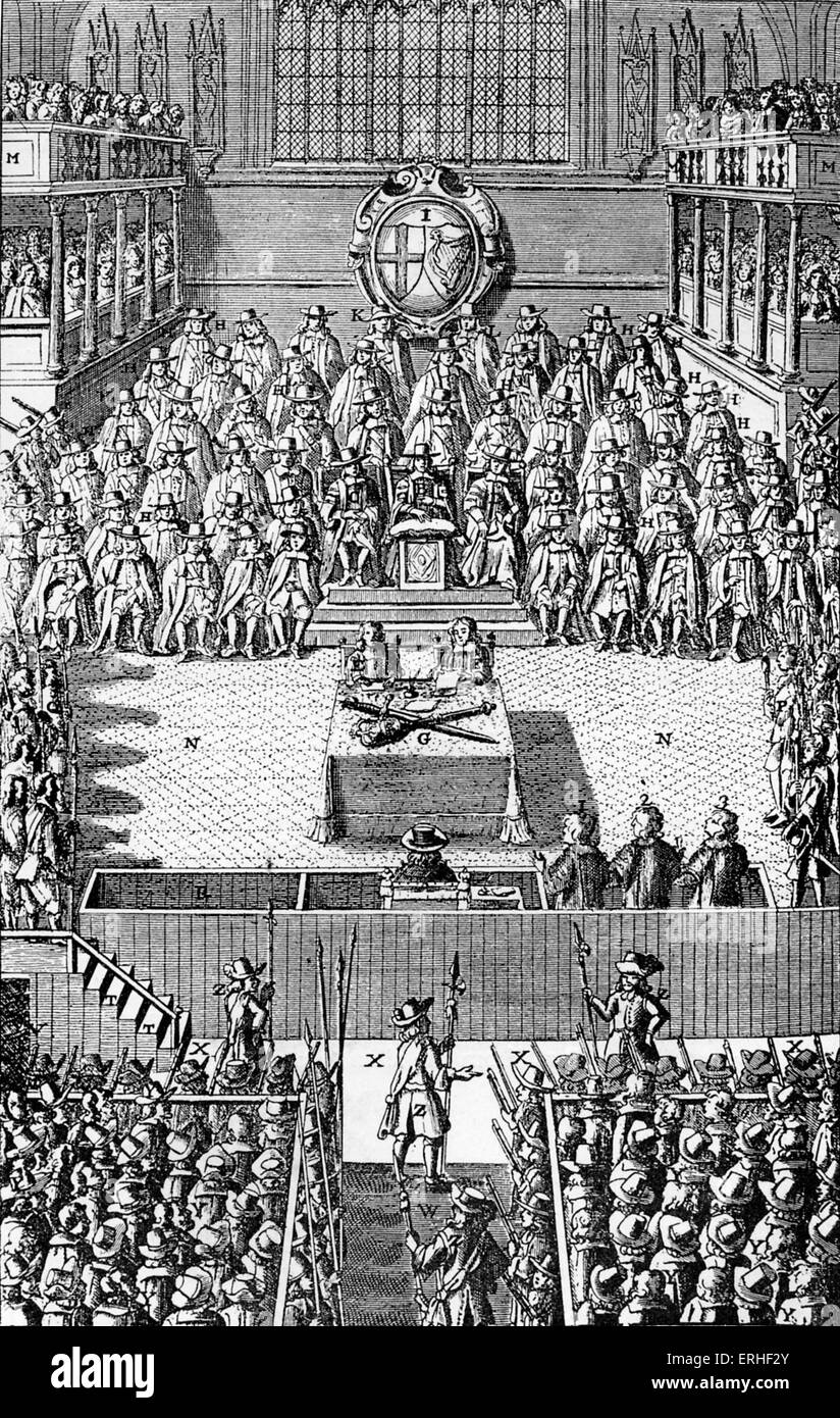 The Trial of Charles I - engraving from 1649 1600-1649. Stock Photo