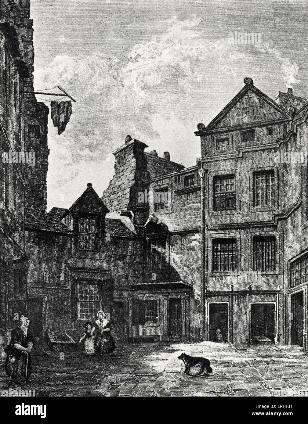 David Hume - Riddle's Close, Edinburgh, where the Scottish philosopher, economist and historian lived for a while. 26 April 1711 - 25 August 1776. Engraving ' Edinburgh in the Olden Times ' (1848) by Daniel Wilson Stock Photo