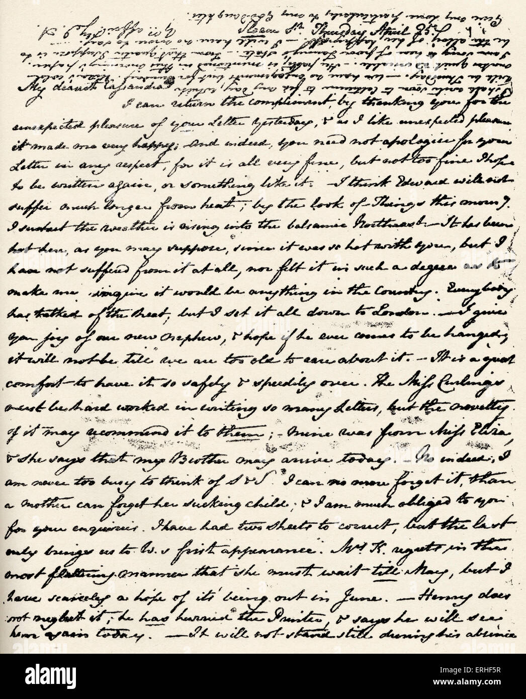 Jane Austen - Letter from English novelist to her sister Cassandra signed with initials on 25 April 16 December 1775 - 18 July Stock Photo