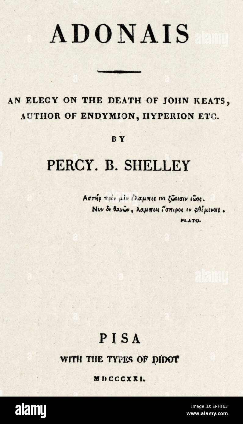 Percy Bysshe Shelley - Title page of ' Adonais ' 1821 by the English poet. 4 August 1792 - 8 July 1822.  Byron connection. Stock Photo