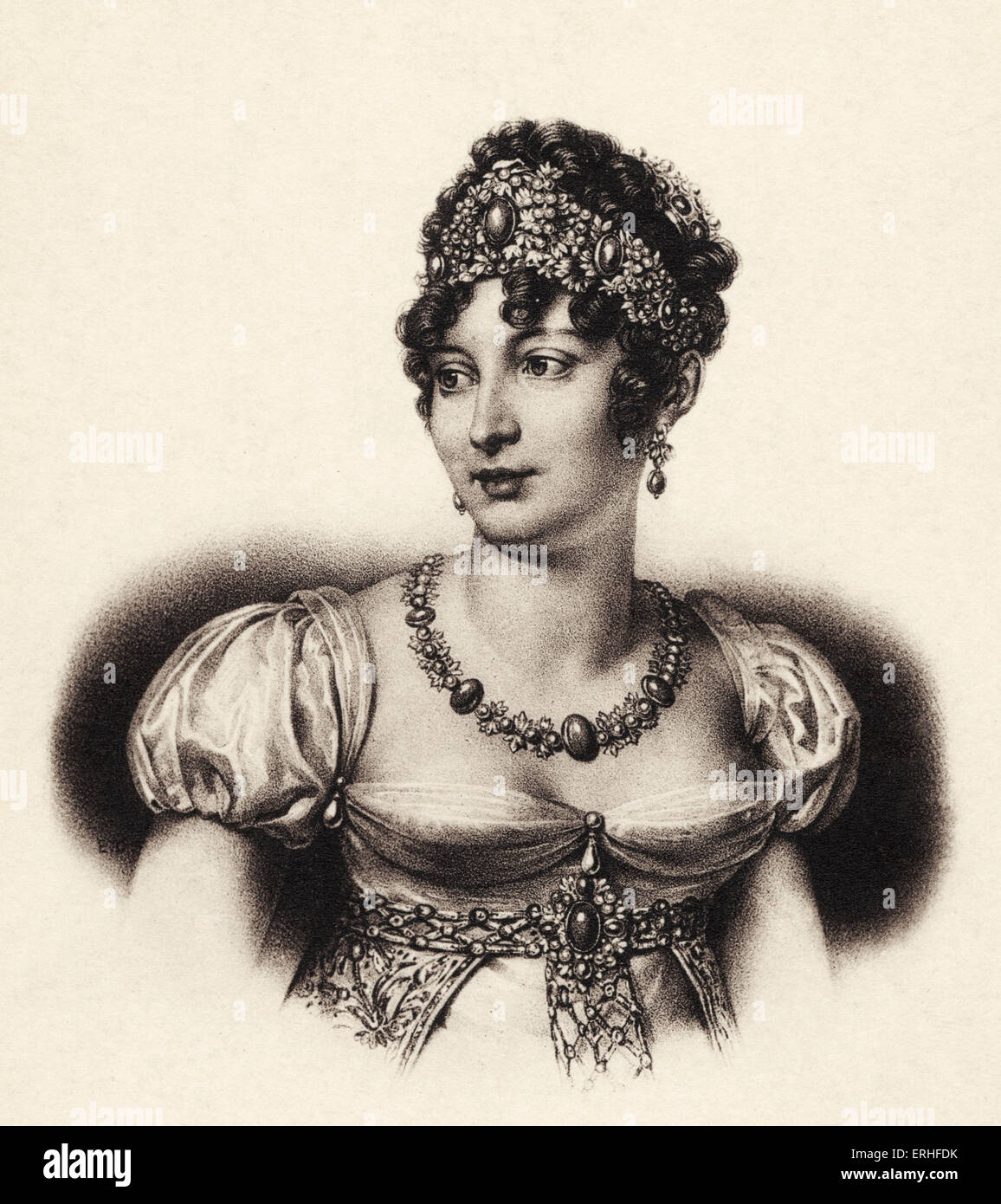Caroline Bonaparte - portrait in headdress, with jewelry and décolleté Empire-style dress.  Third sister of Napoleon I. 1782 - Stock Photo
