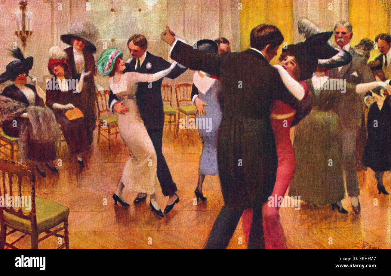 Tango lesson - with couples dancing, men in dinner jackets and spats, ladies in hats. Painted by Guillaume. Stock Photo