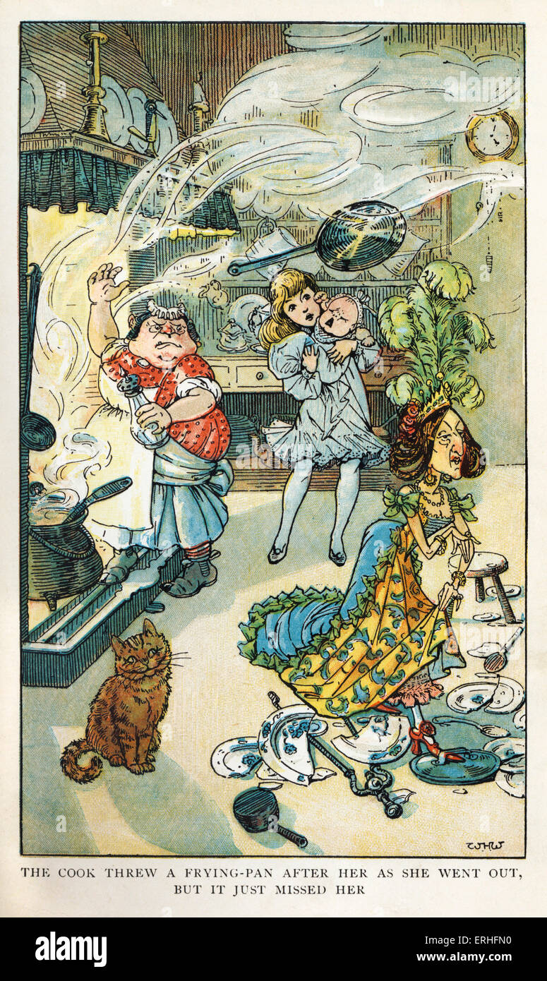 Alice in Wonderland by Lewis Carroll (Charles Lutwidge Dodgson). Caption reads: 'The cook threw a frying-pan after her as she Stock Photo