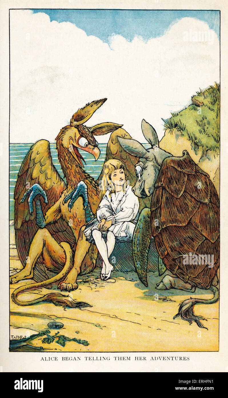 Alice in Wonderland by Lewis Carroll (Charles Lutwidge Dodgson) . Caption reads:'Alice began telling them her adventures' , with the Mock Turtle and Gryphon.English children's writer and mathematician 27 January 1832- 14 January 1898. First published 1865. Illustrations by W H Walker 1907 edition. Stock Photo