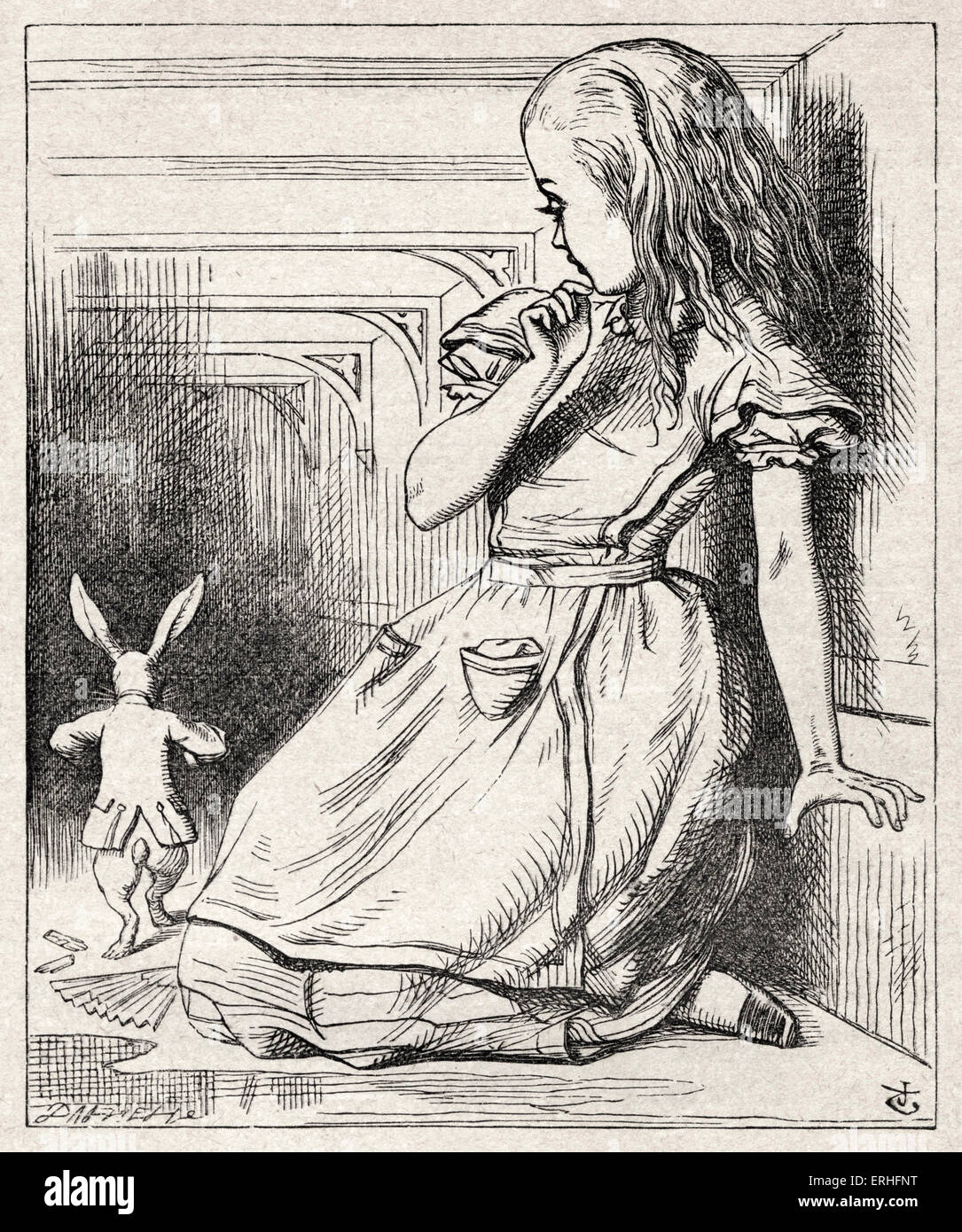 Alice and the White Rabbit, from Alice in Wonderland by Lewis Carroll (Charles Lutwidge Dodgson), English children's writer and Stock Photo