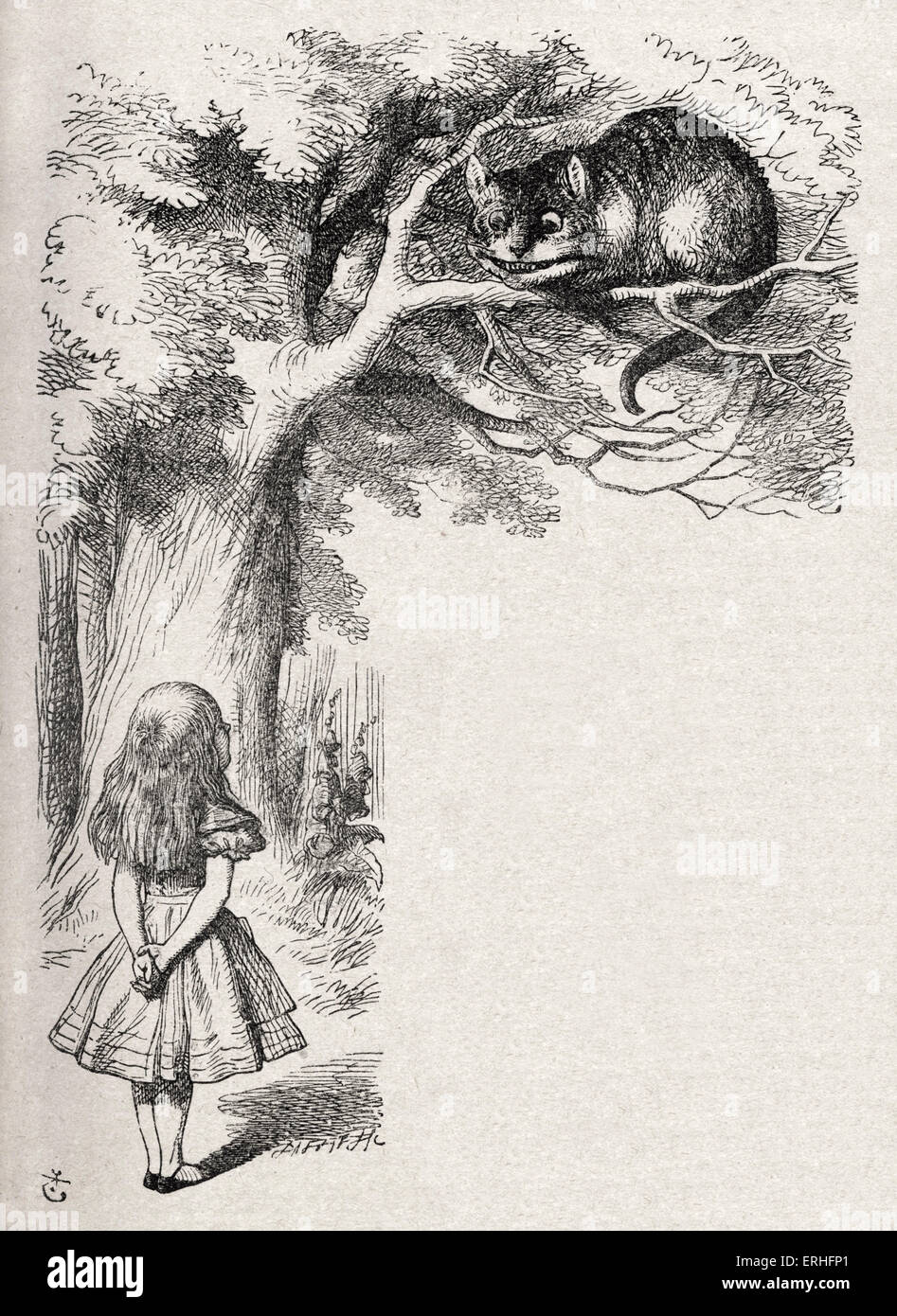 Alice and the Cheshire Cat, from Alice in Wonderland by Lewis Carroll (Charles Lutwidge Dodgson), English children's writer and Stock Photo
