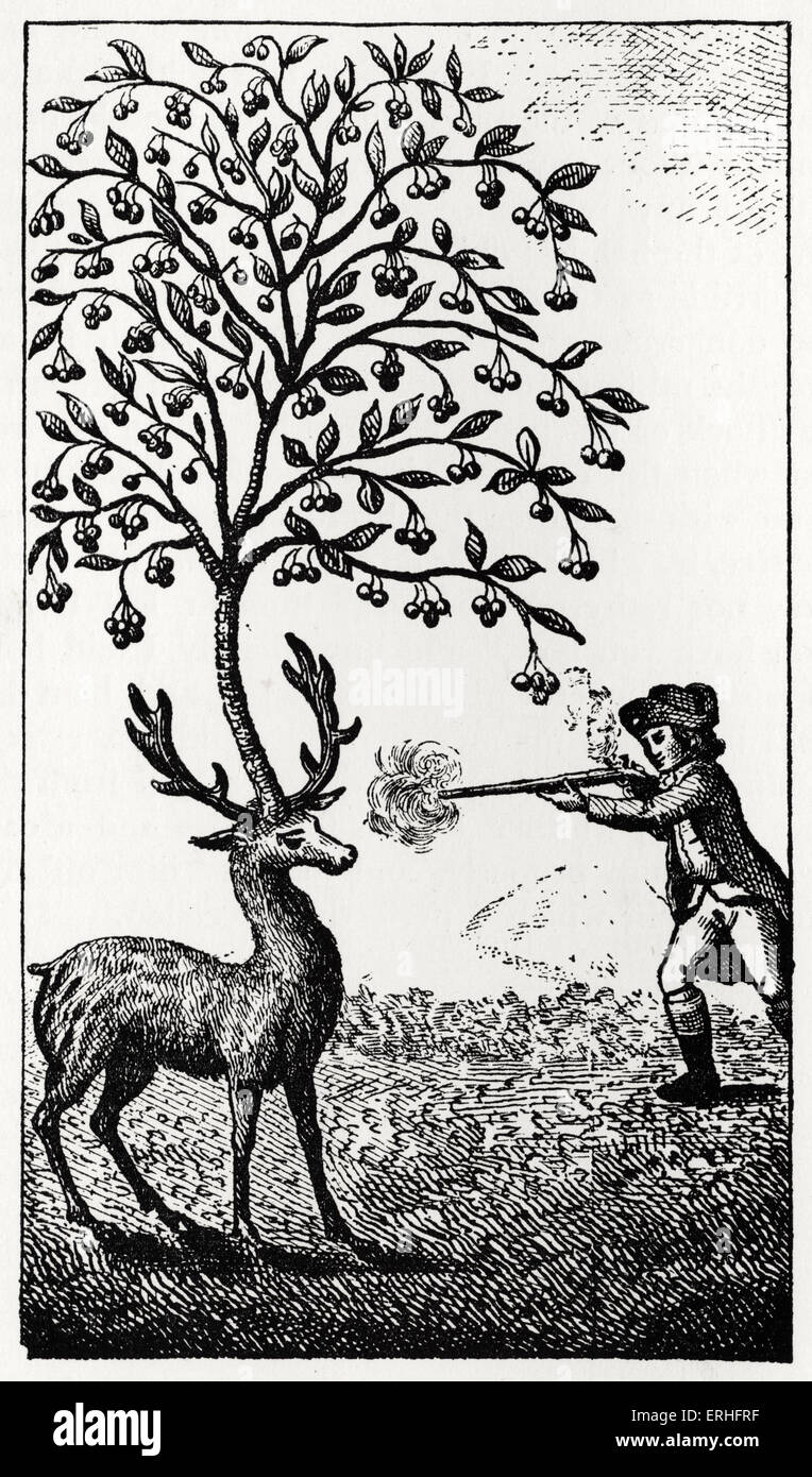 The Surprising Adventures of Baron Munchausen:   Original illustration captioned:  The Stag with the Cherry Tree.  The Baron Stock Photo