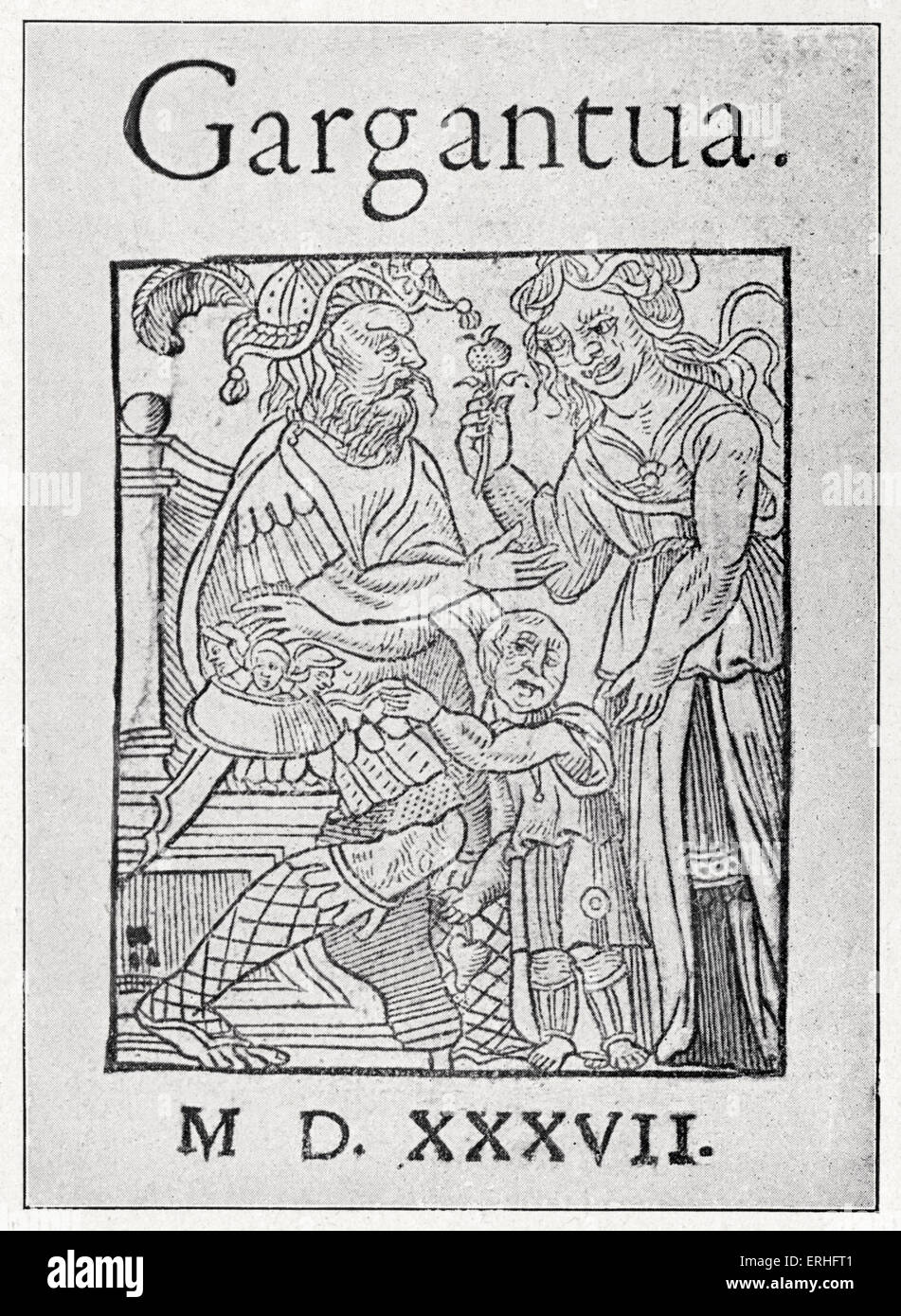 Gargantua by Francois Rabelais - Engraved frontispiece to the 1537 series. Two giants travelling in a world of greed, stupidity, violence, grotesque jokes. ...