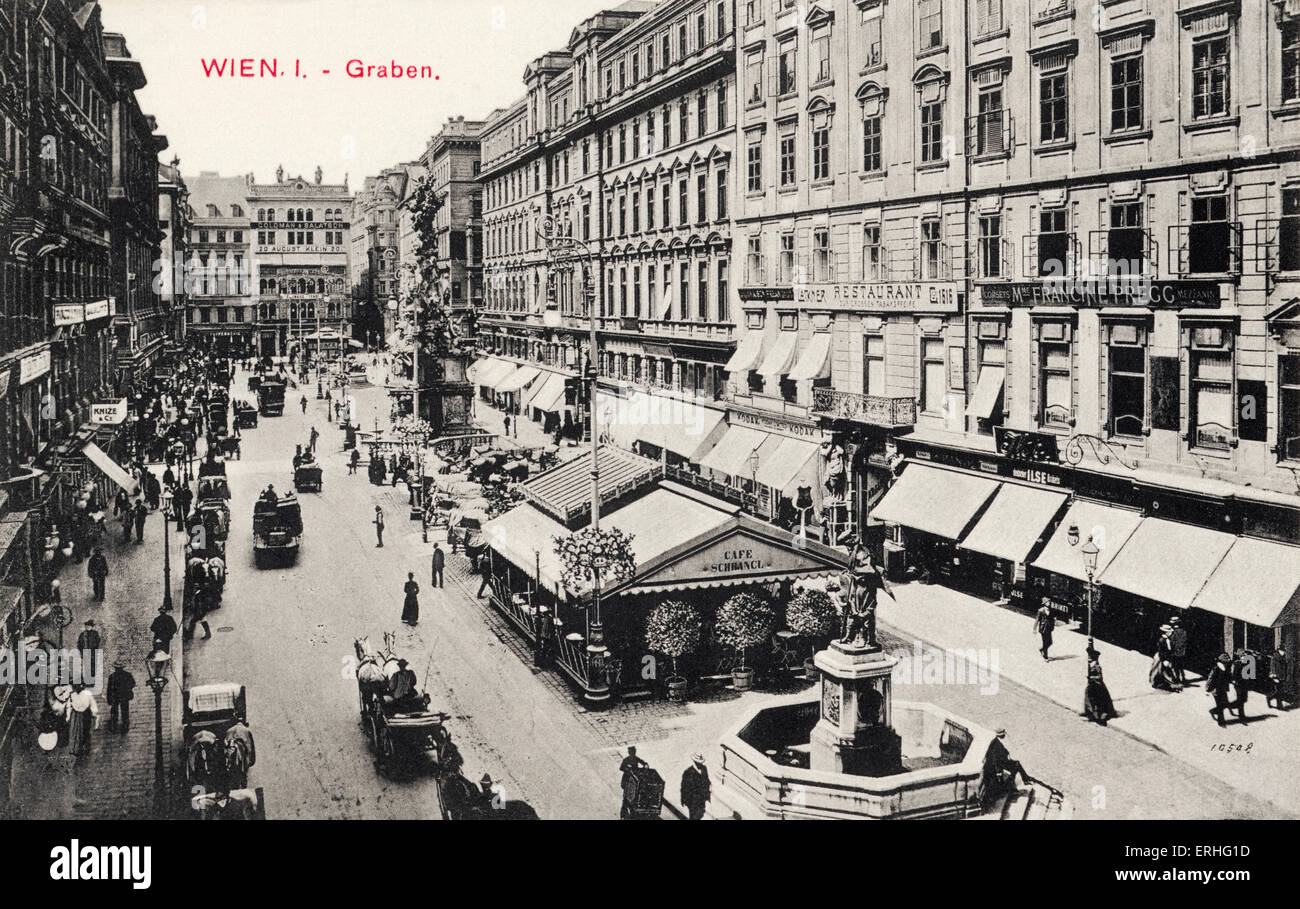 Graben, Wien / Graben street, Vienna.  Postcard with street café, horse and carriage, fountain. Stock Photo