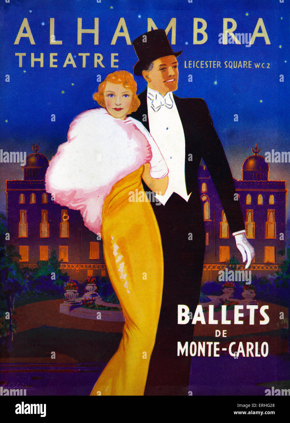 1930s couple in evening dress going out on the town - On cover of Programme for ballets de Monte Carlo at Alhambra Theatre, Stock Photo