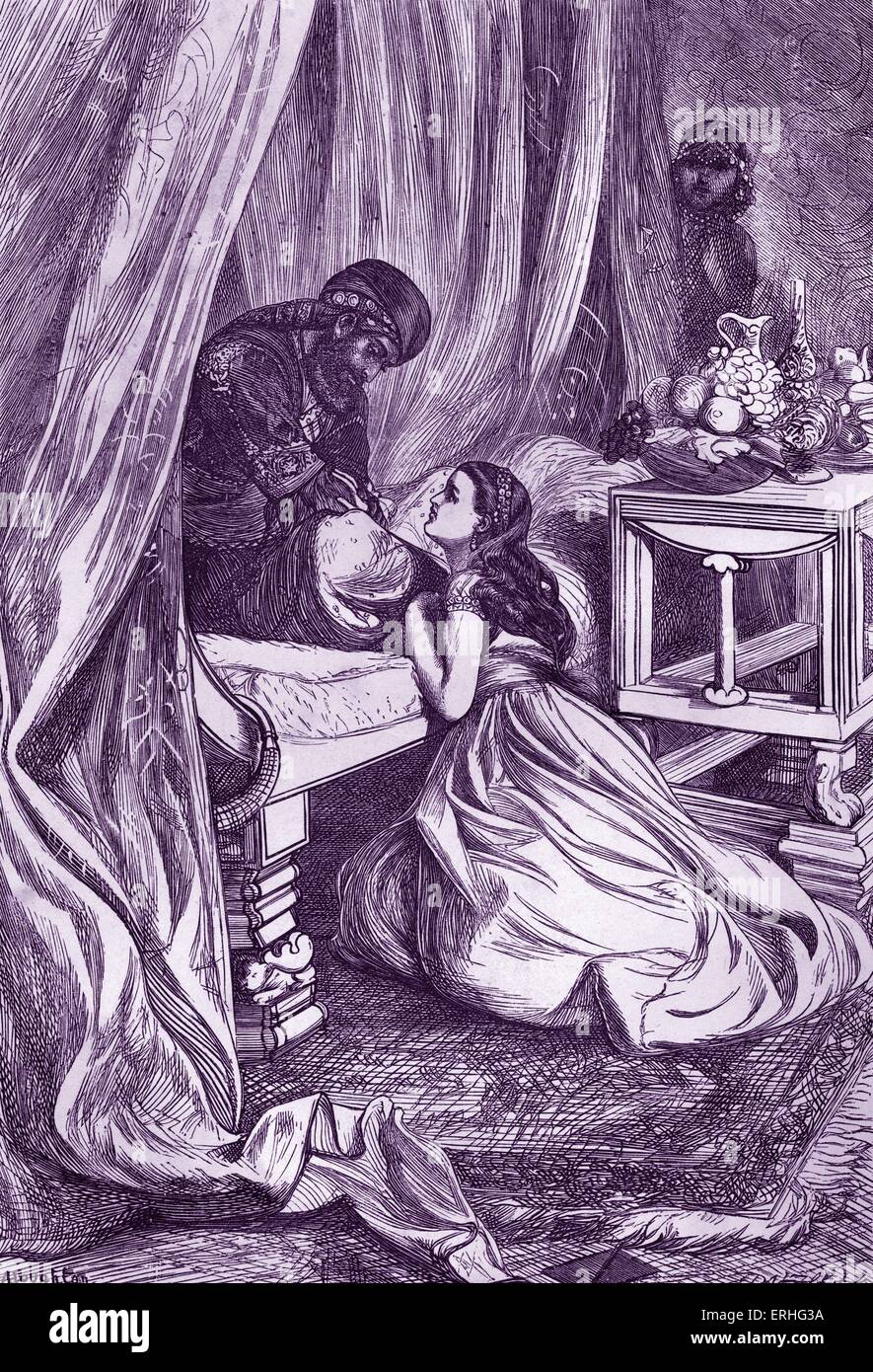 Arabian Nights tale -  A Thousand and One Nights. Caption reads:'The Sultan pardons Scheherazade' Illustration by Arthur Boyd Stock Photo
