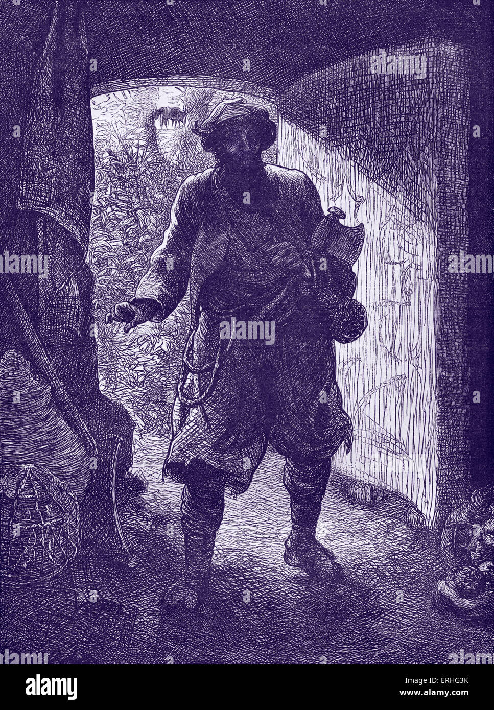 Ali Baba and the Forty Thieves - Arabian Nights tale. Caption reads: 'Ali Baba entering the cave'.  From Dalziels' Illustrated Stock Photo
