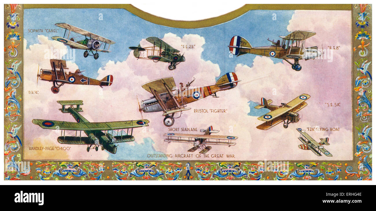 'Outstanding Aircraft of the Great War' - illustration of various British planes/ aircraft of the Royal Air Force used during Stock Photo