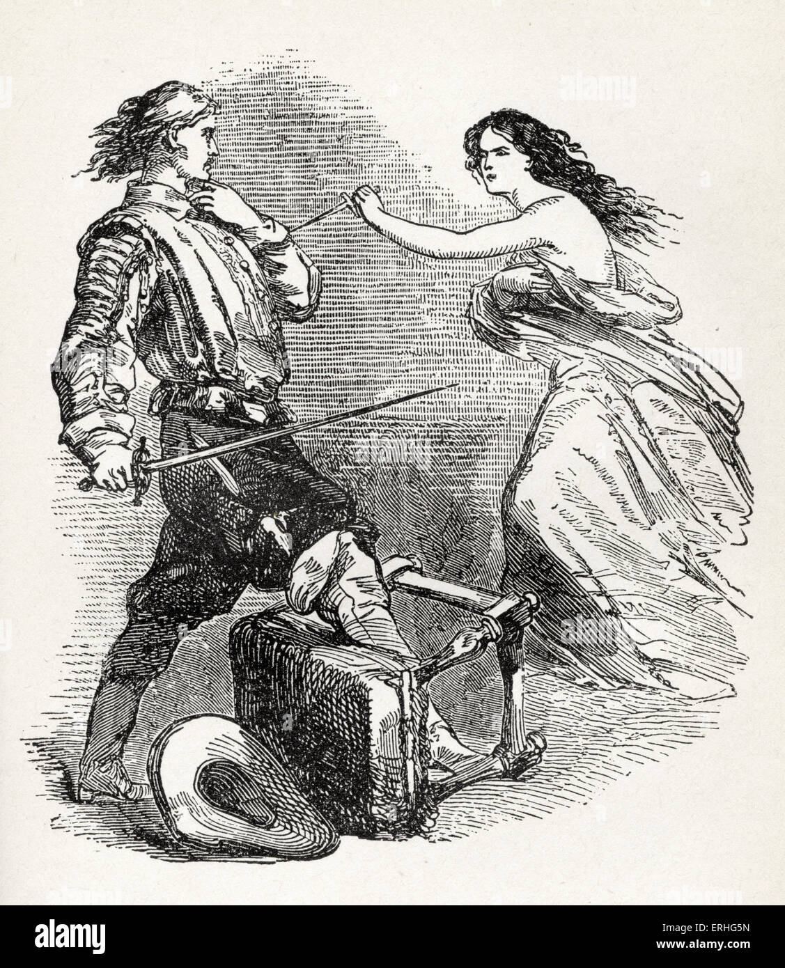 'The Three Musketeers' - illustration from the book by Alexandre Dumas of d'Artagnan being attacked by 'Milady'. French author, Stock Photo