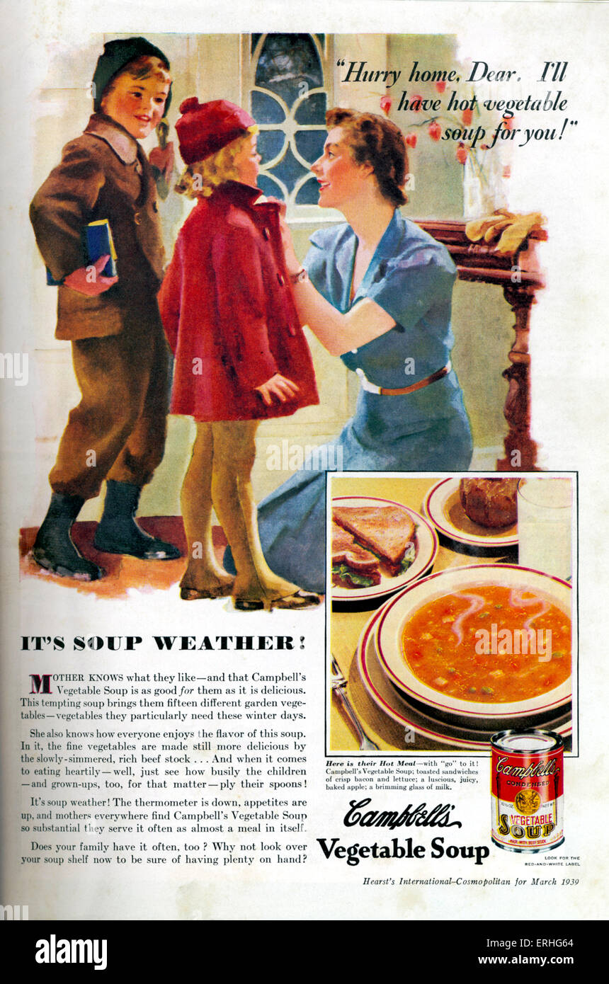 Campbell 's Soup - advertisement for the American soup with a mother dressing her two children for 'soup weather'. Caption reads 'Hurry home dear. I'll have hot vegetable soup for you!' From Cosmopolitan magazine, March 1939. Home, mother love, nurture, feeding. Stock Photo