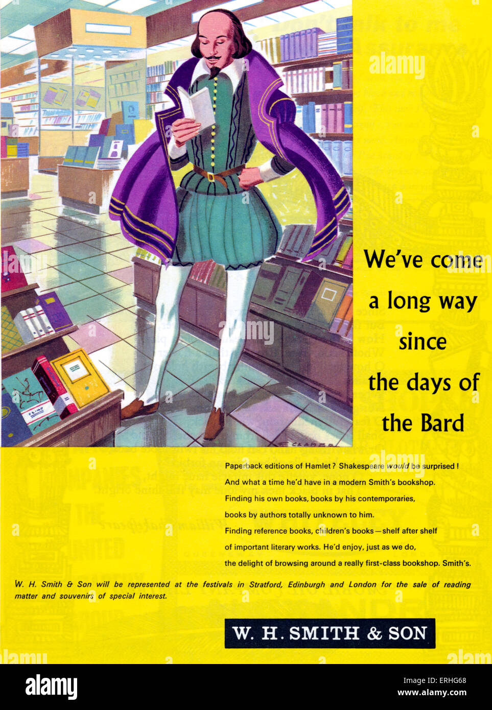William Shakespeare - advertisement by W H Smith with Shakespeare reading a book in a modern book shop. WS: English poet and Stock Photo
