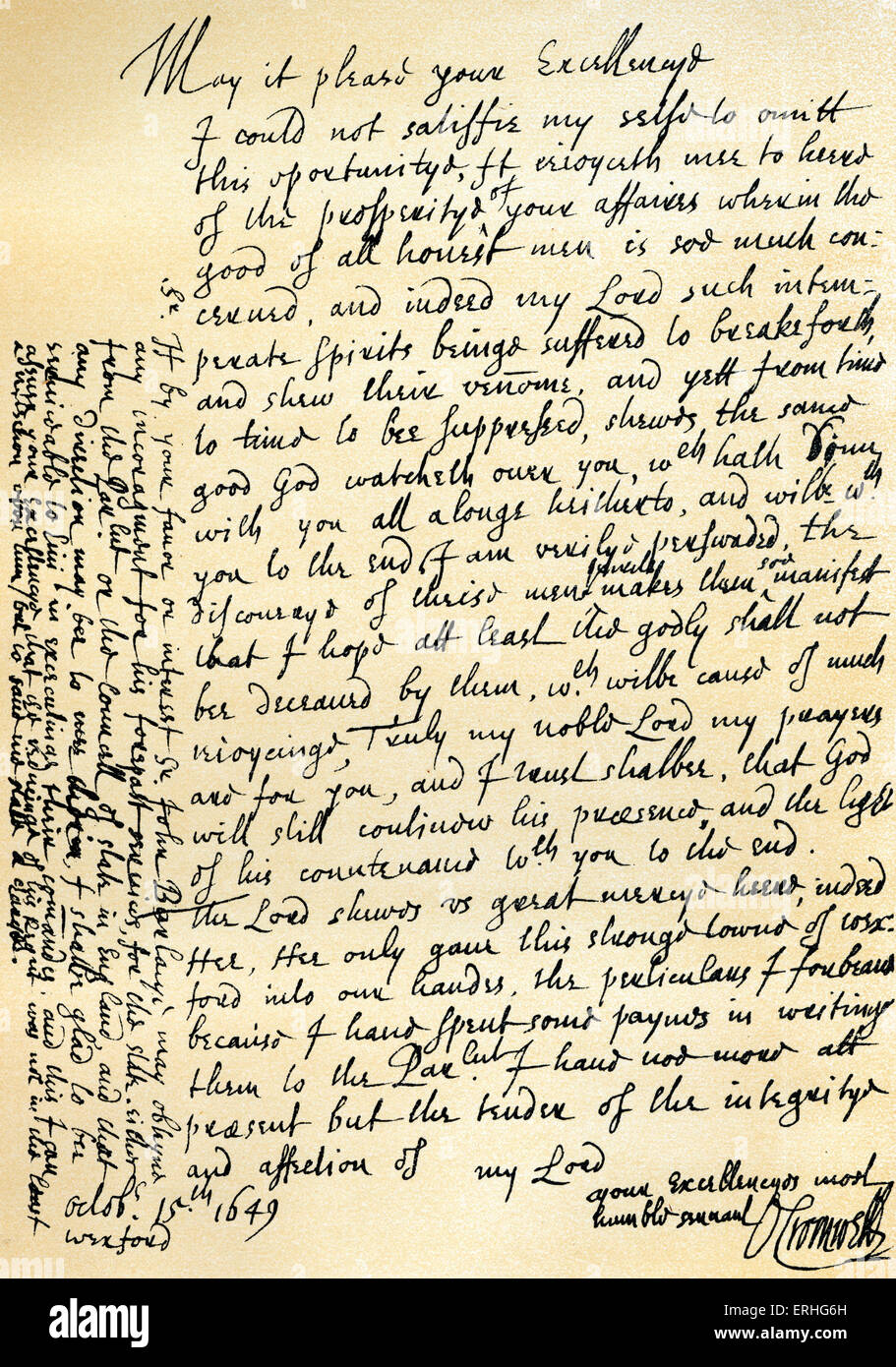 Oliver Cromwell - handwritten letter to Lord Fairfax, congratulating him on the success of his affairs and announcing the Stock Photo