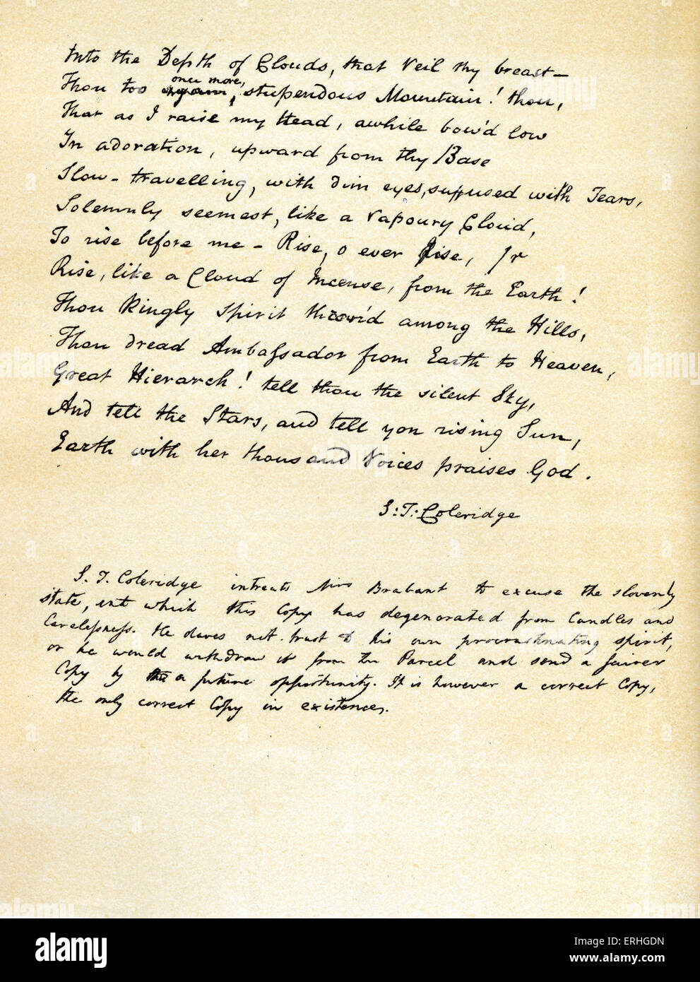 Samuel Taylor Coleridge - last page of handwritten poem 'Hymn before Sunrise in the Vale of Chamouny' and explanatory note to Stock Photo