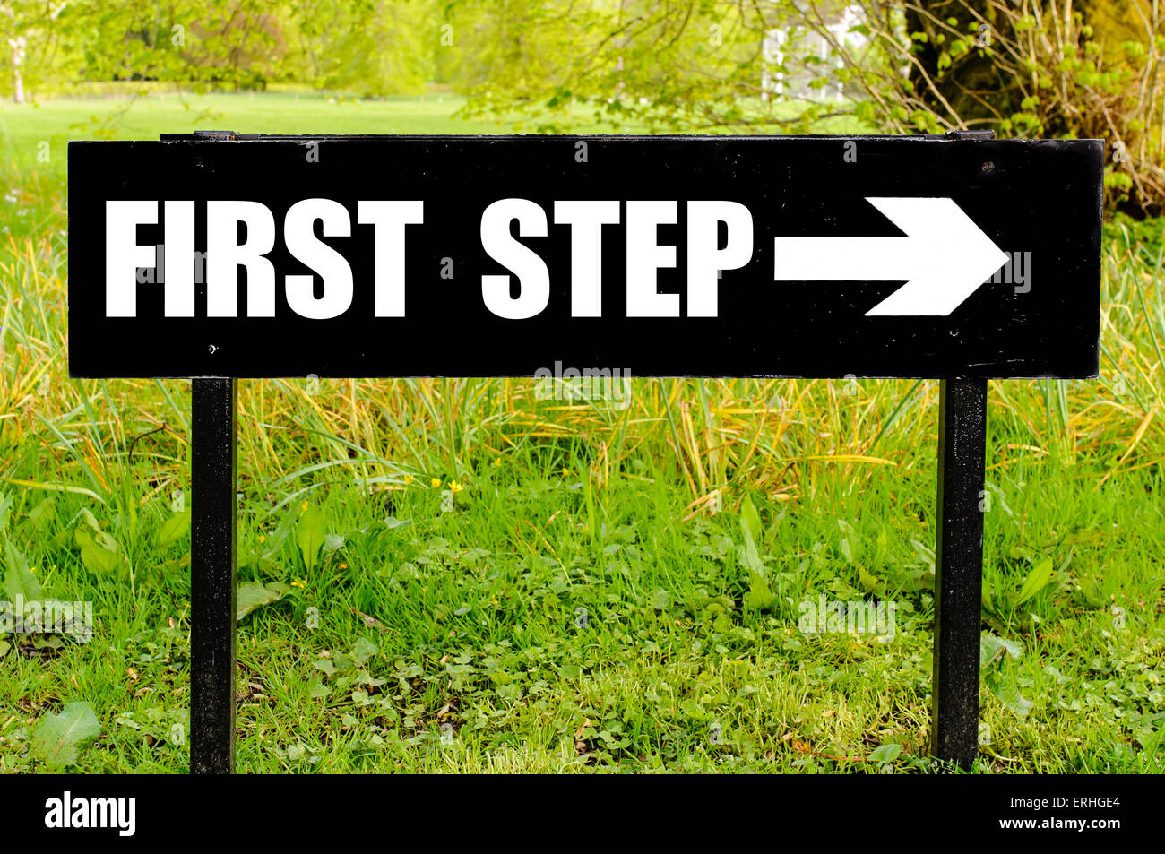 FIRST STEP written on directional black metal sign with arrow pointing to the right against natural green background Stock Photo